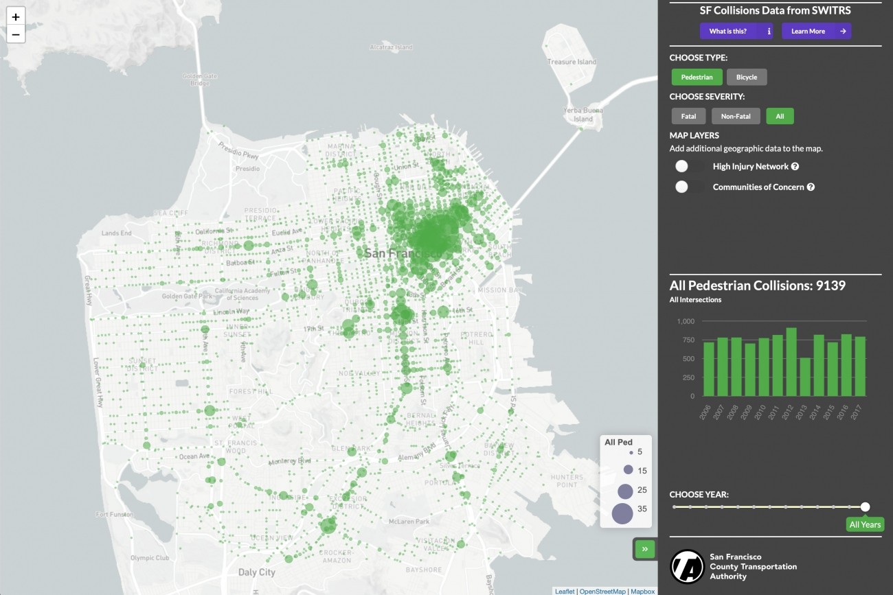 Explore a map of pedestrian and bicycle collisions in San Francisco