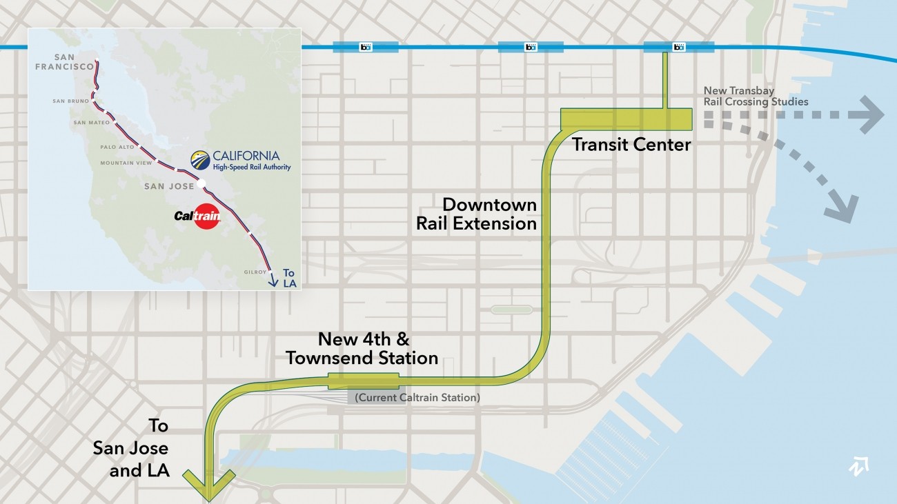 Map showing the potential Downtown Rail Extension running from the current Caltrain station at 4th & King, along 2nd St to the Salesforce Transit Center