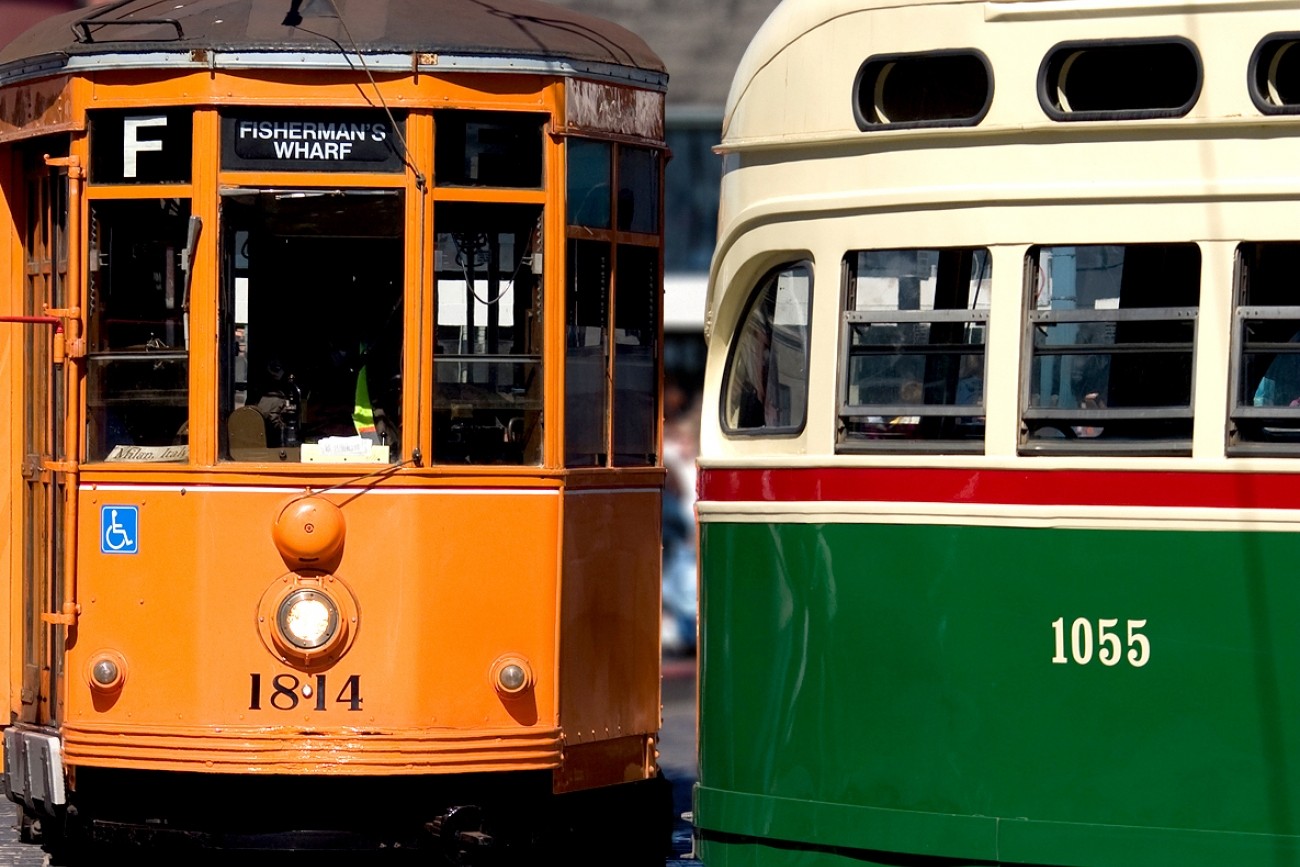 Two streetcars with a gap in between 