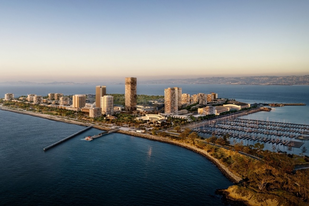 Rendered image of an island with buildings and a port in the nearby lagoon. There is a ferry pulling up to a dock in the foreground.