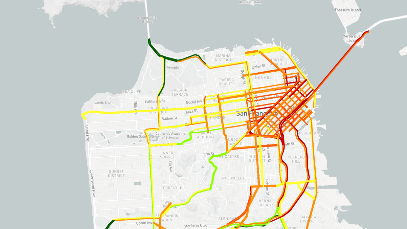 A screenshot of a map showing congestion in downtown San Francisco