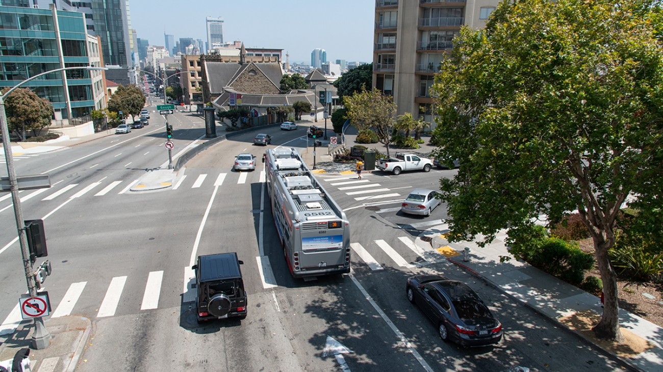 Overhead view of vehicles and a bus along Gough Street