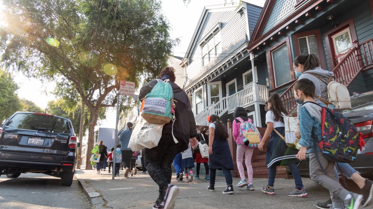 Students and parents walking to school