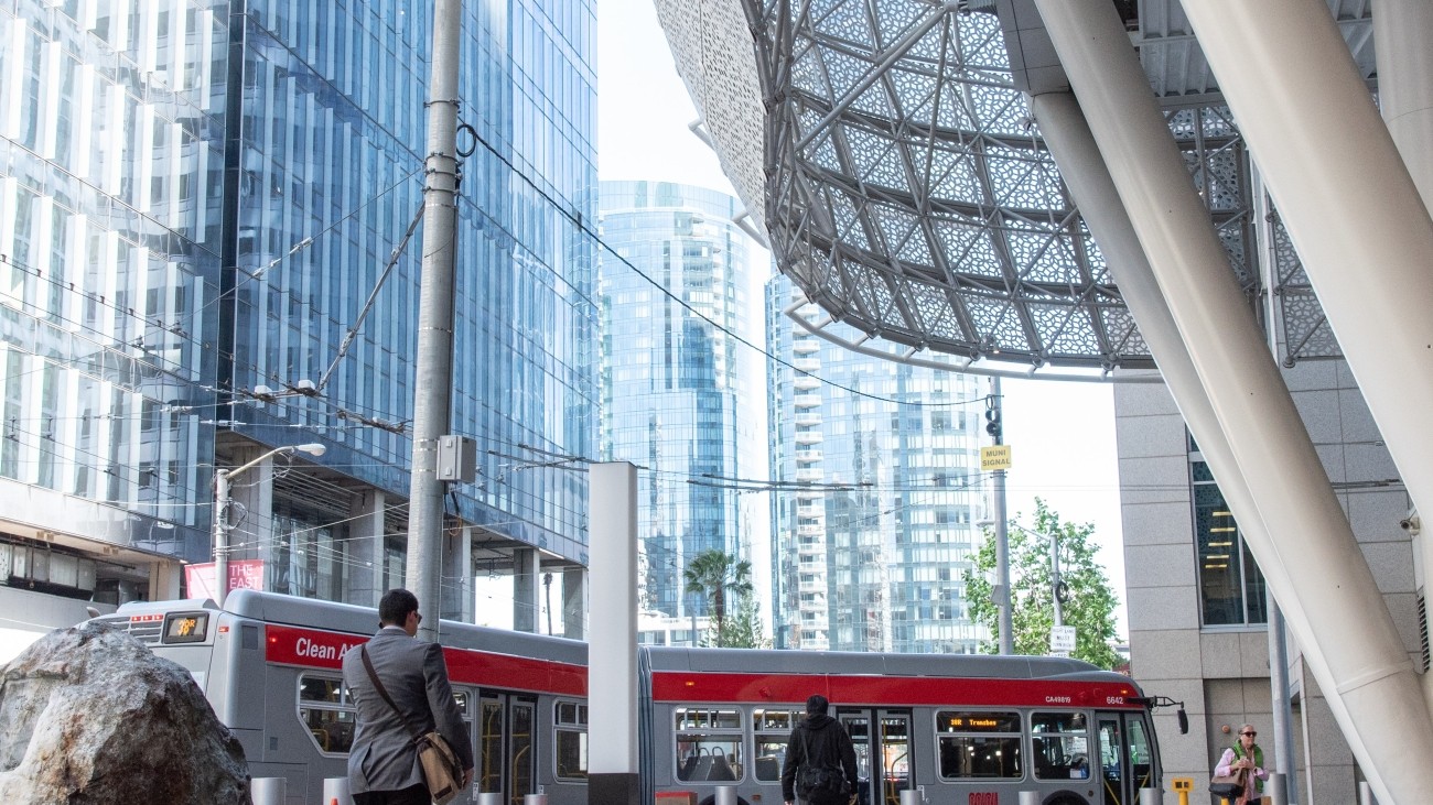 Muni bus pulling into transit center