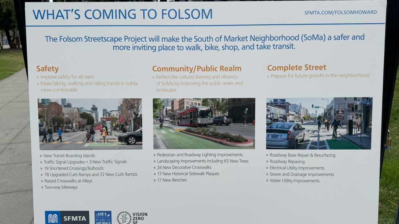 Board displaying the safety, community/public realm, and complete street benefits of the Folsom Streetscape Project