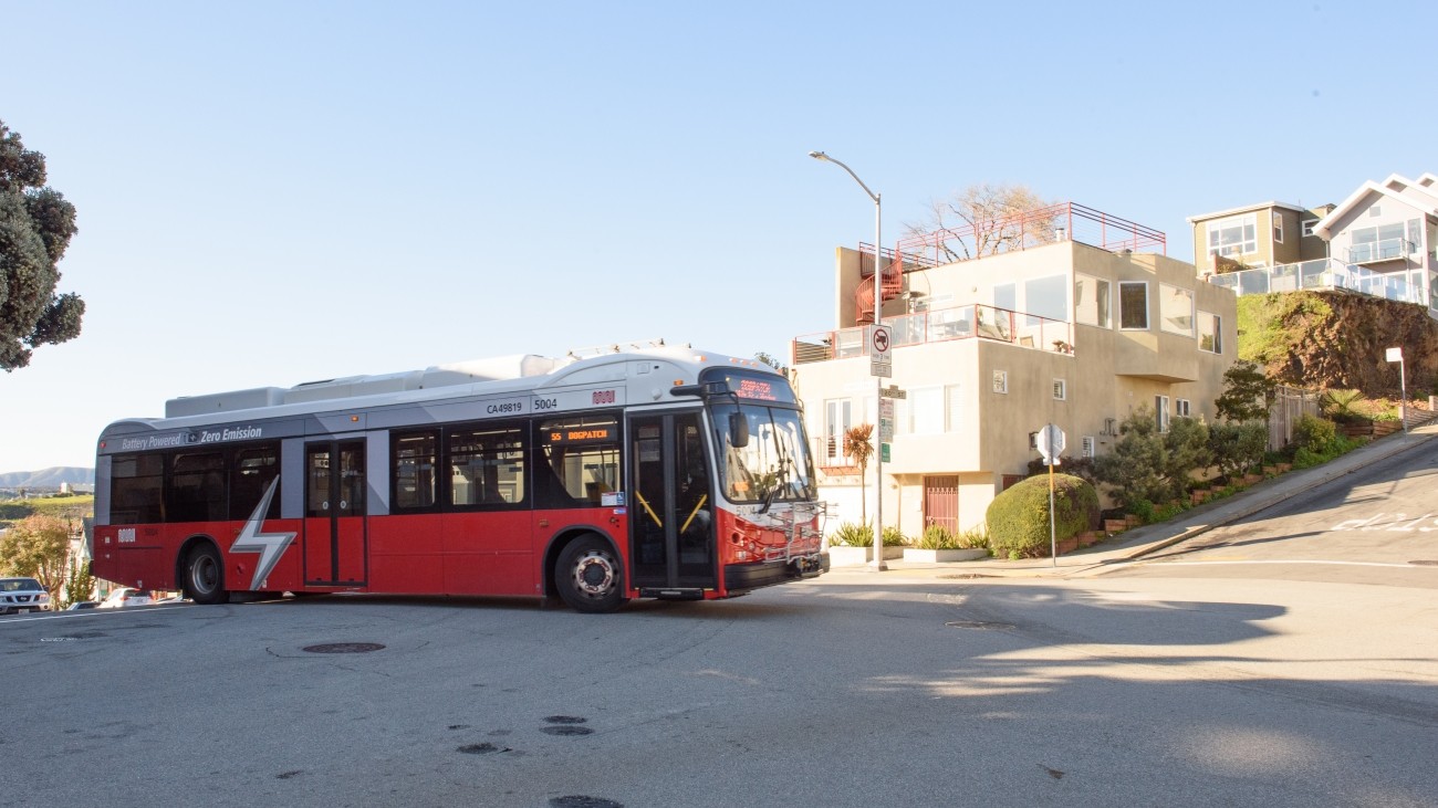 A battery electric Muni vehicle on the road