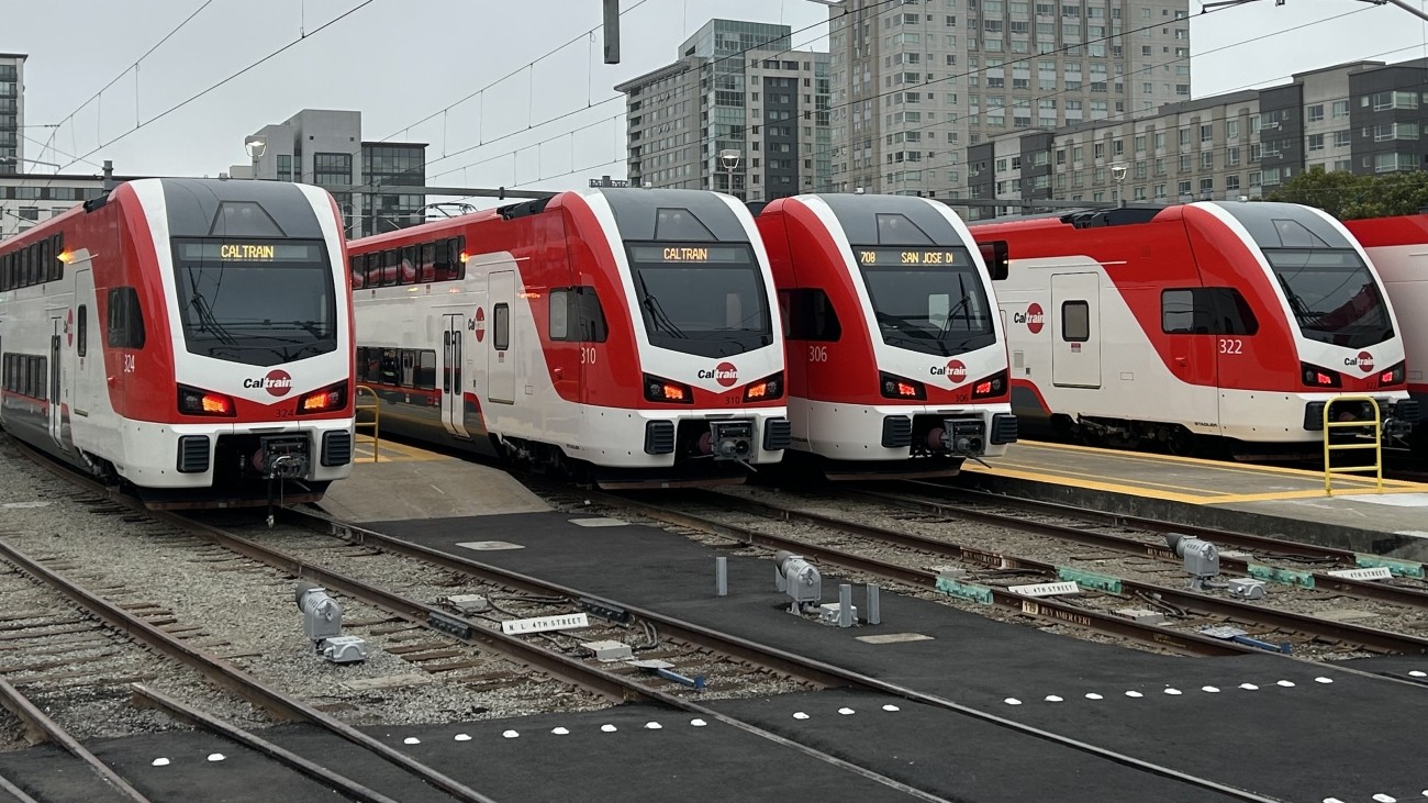 Four new electric trains lined up on the tracks 