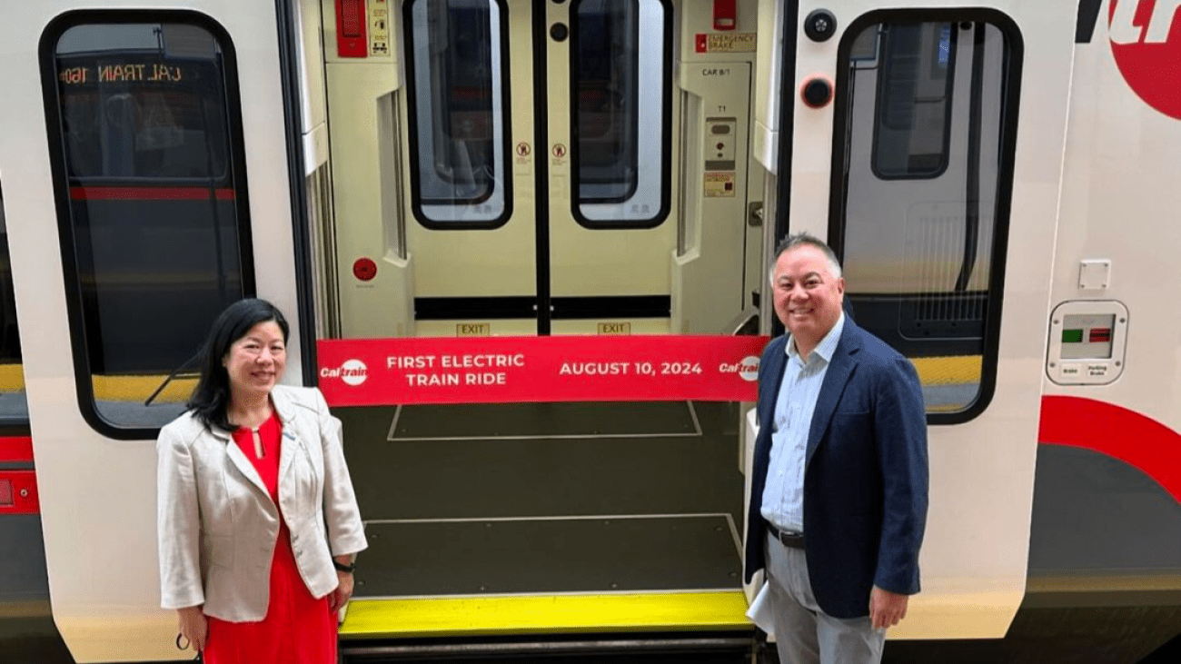 SFCTA Director Tilly Chang with Phil Ting in front of new Caltrain vehicle