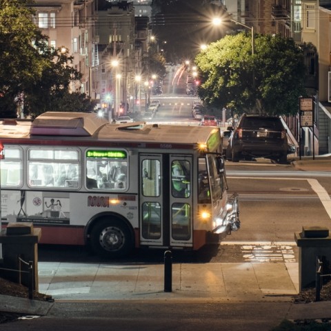 A muni bus operating at night