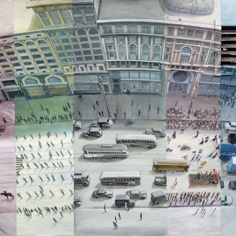 The Market Street Railway mural shows a 180-degree bird's eye view of San Francisco's Market Street through time, divided vertically into sections corresponding to different moments in history from the 1920's onwards and into an imaginary future. 