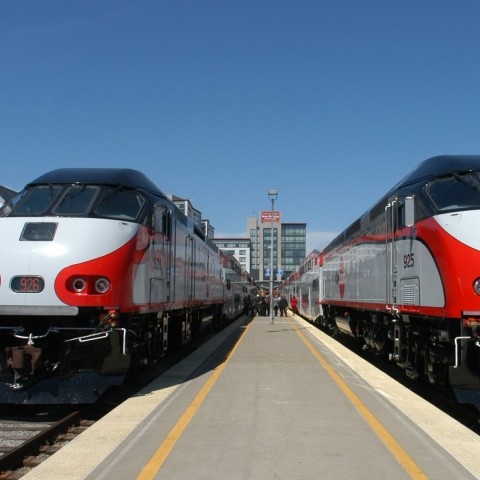 two caltrain trains waiting at the platform
