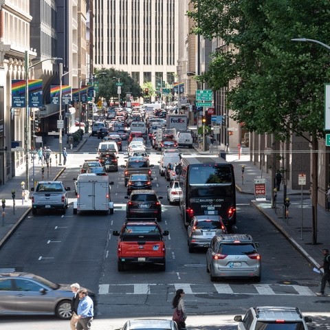 Vehicles and pedestrians on San Francisco street