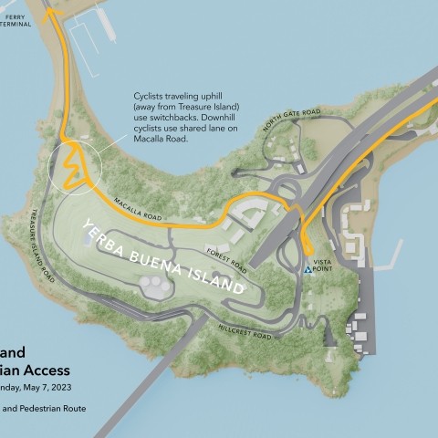 A map of Yerba Buena Island, with north pointing up, showing the bicycle and pedestrian route between Treasure Island and the Bay Bridge.