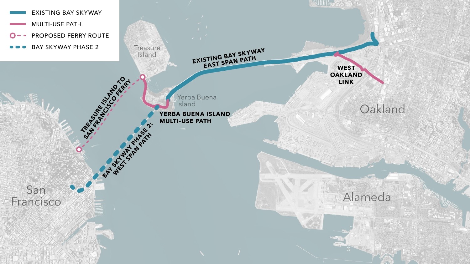 A satellite map showing the northeast section of San Francisco, Treasure Island, Oakland, and Alameda. The elements from Figure 6-1 are shown, along with a new Bay Skyway Phase 2, shown with a dashed blue line from Yerba Buena Island along the west span of the Bay Bridge to the Salesforce Transit Center.