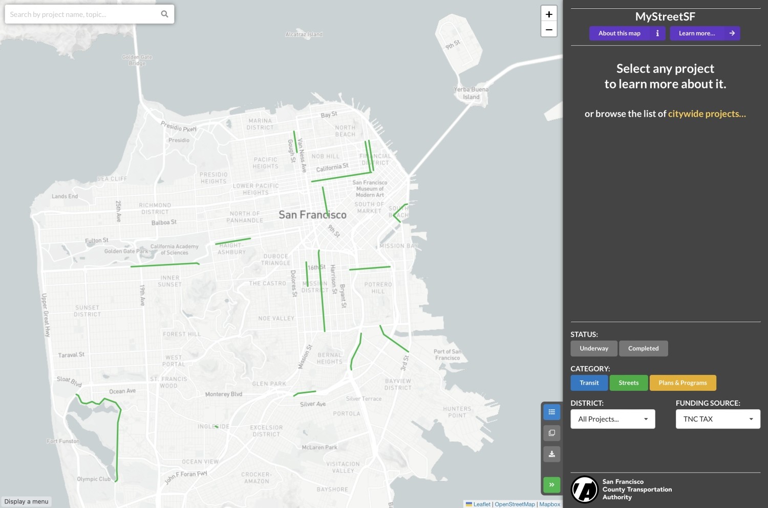 A screenshot of the MyStreetSF interactive map filtered to show projects funded by the TNC Tax