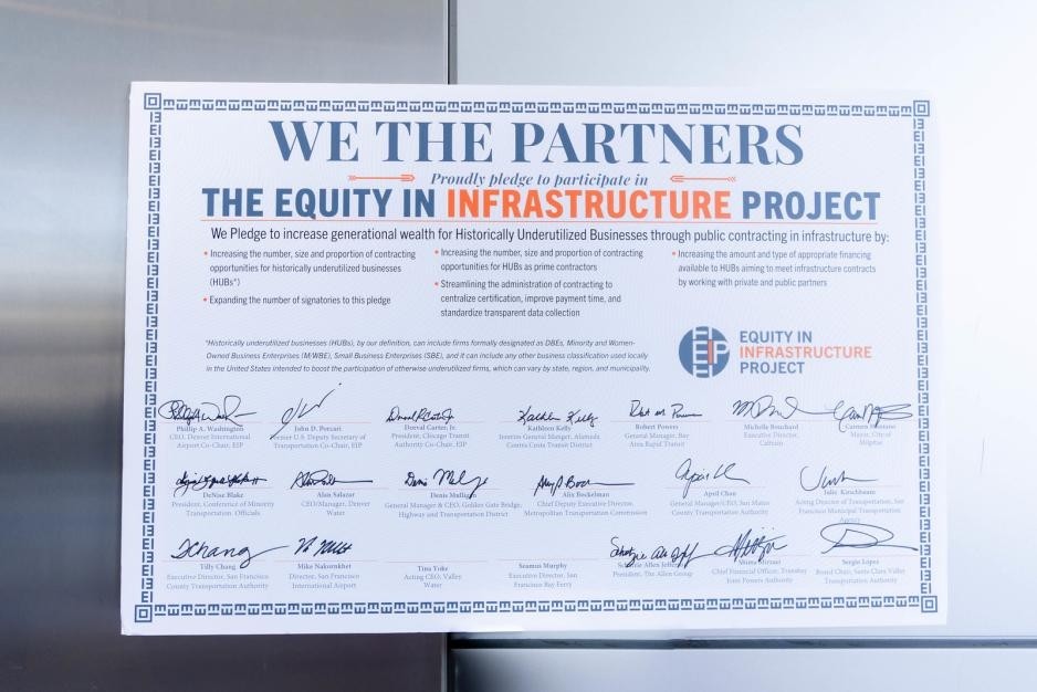 A certificate of the Equity in Infrastructure Pledge with signatures from transportation officials 